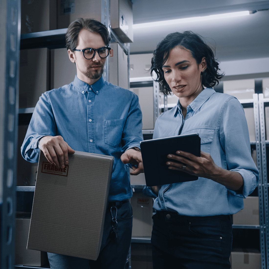 Man holding box and woman holding a tablet while checking inventory